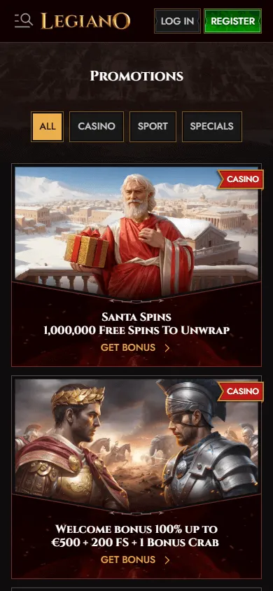 Legiano Casino mobile promotions area with bonus and VIP offers