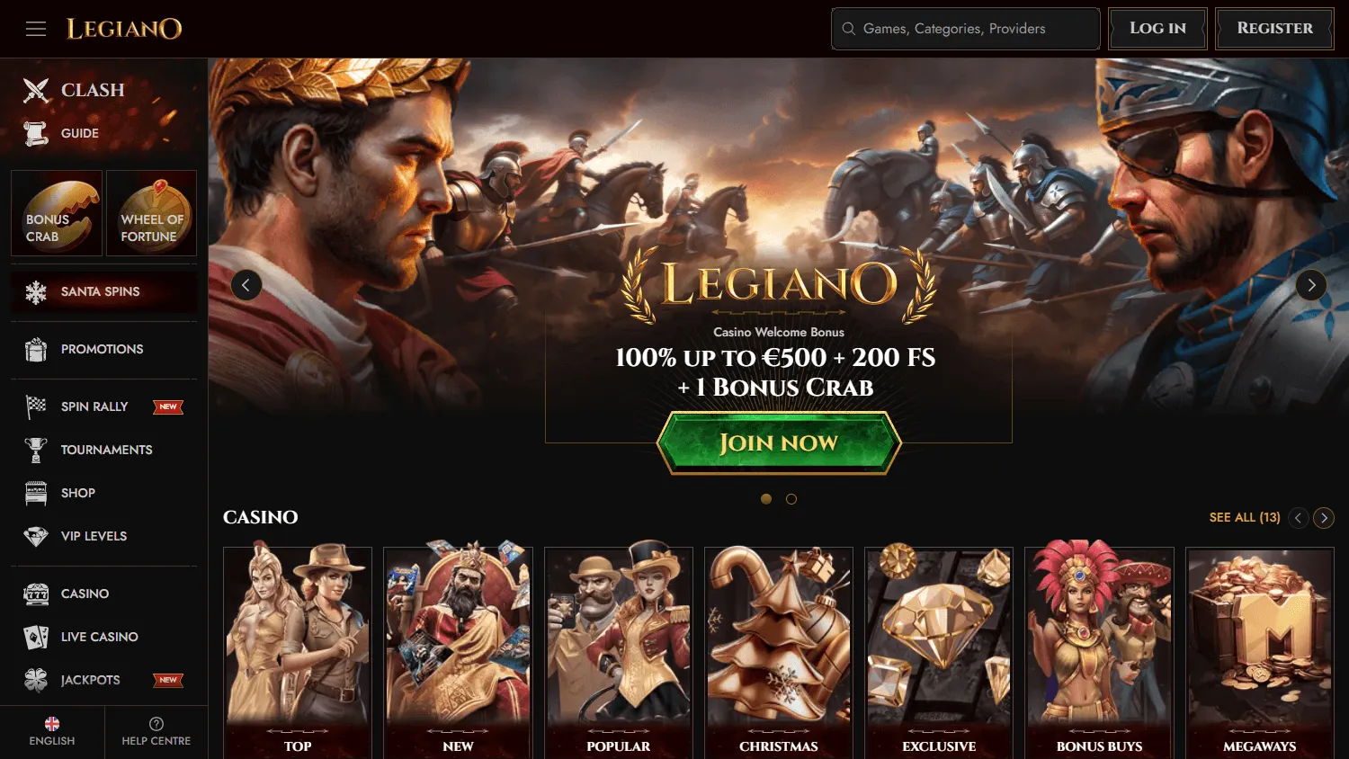 Legiano Casino desktop home interface with casino account and support features