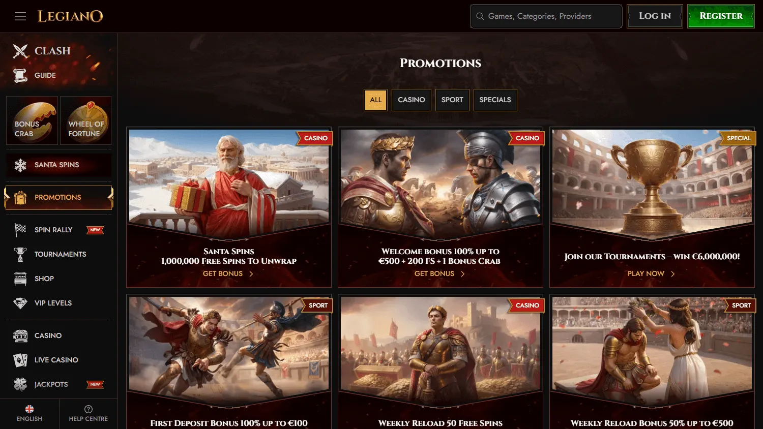Legiano Casino desktop promotions area showing welcome and reload offers