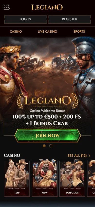 Legiano Casino mobile home interface on a responsive browser