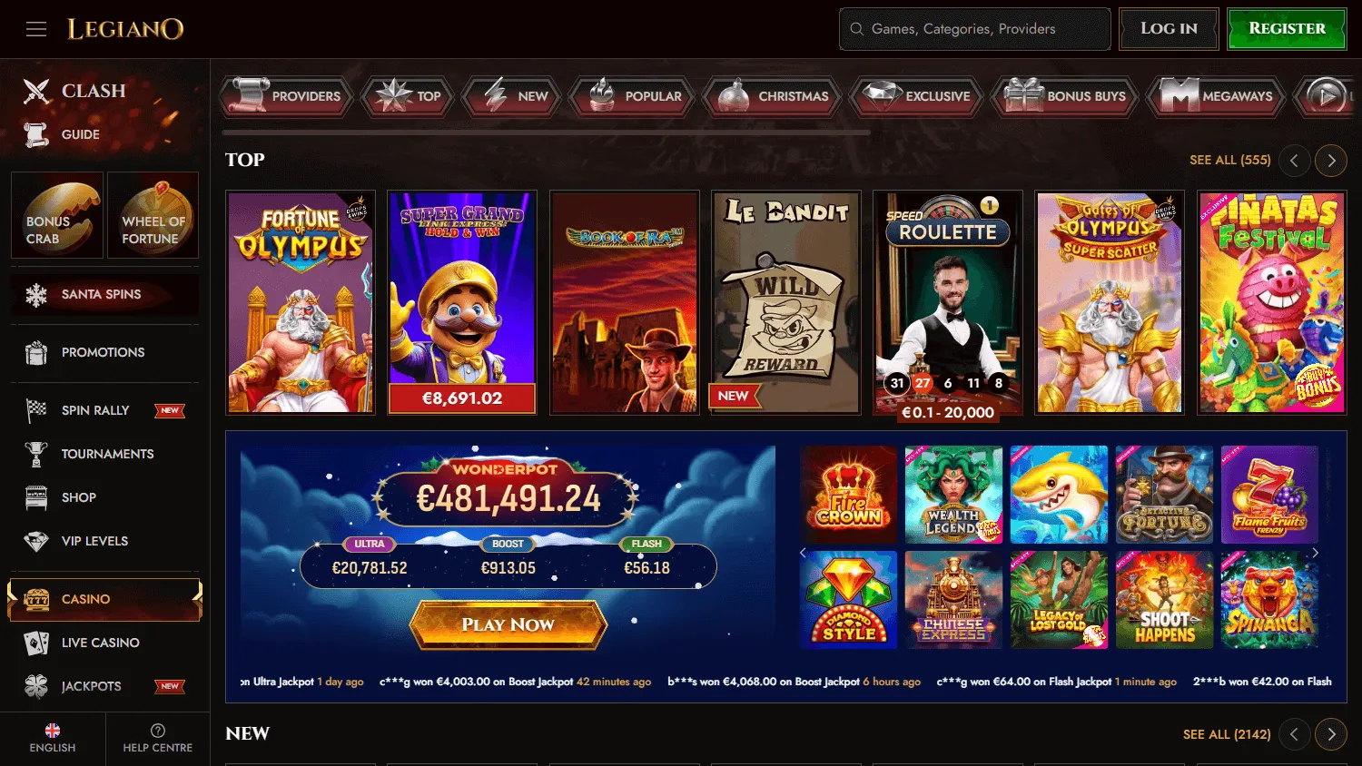 Legiano Casino desktop games area with slots and casino categories