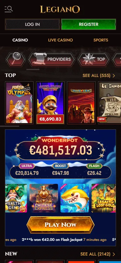 Legiano Casino mobile games area with casino titles and touch controls